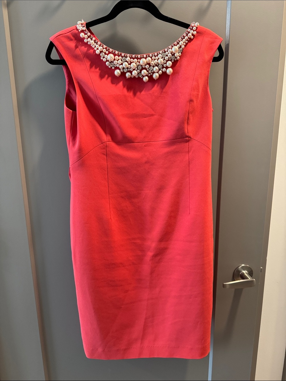 Pearl-Embellished Coral Sheath Dress